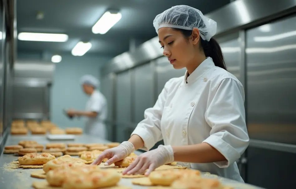 Funcionária nikkei na produção de pães para conveniências em fábrica alimentícia na província de Aichi