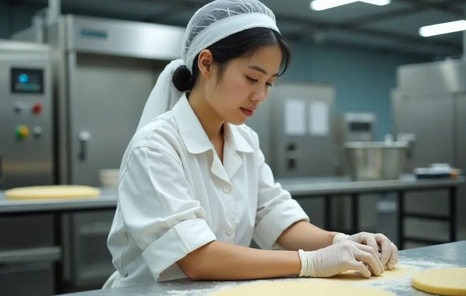 Mulher trabalhando em produção de pães para conveniências em Toyota, Aichi