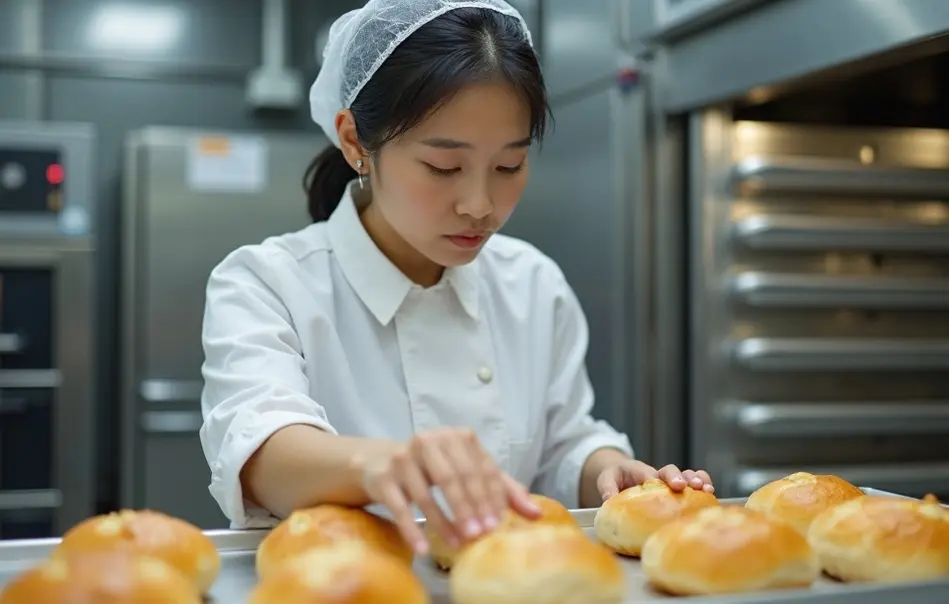 Trabalhadora nikkei na linha de produção de pães em fábrica de alimentos em Inzai, província de Chiba