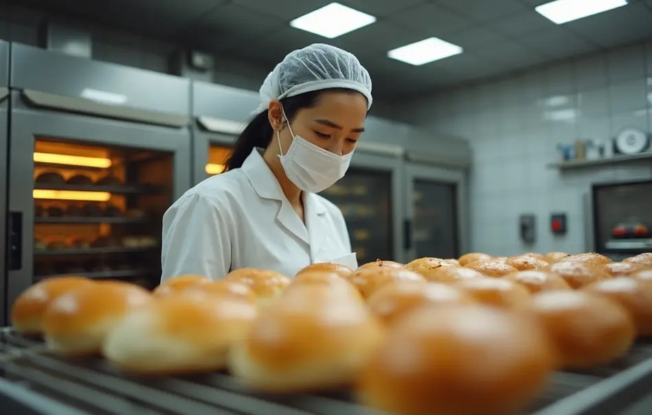 Trabalhadora brasileira nikkei inspecionando pães em linha de produção industrial em Niihama, Ehime