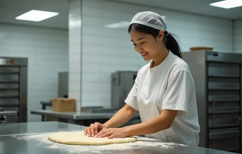 Trabalhadora brasileira nikkei fabricando pães em indústria alimentícia em Kobe, Hyogo