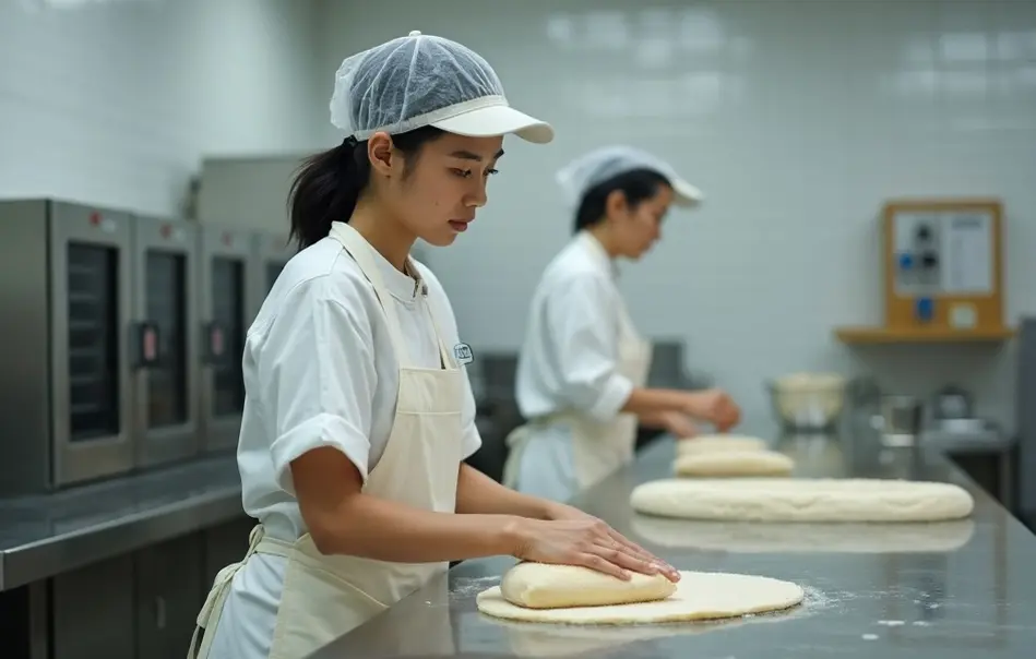 Trabalhadora nikkei preparando pães em fábrica de alimentos em Joso, província de Ibaraki, Japão