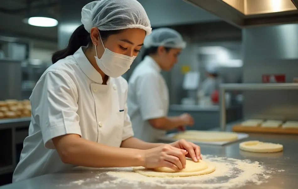 Mulher nikkei produzindo pães em fábrica de alimentos em Kumamoto, Japão