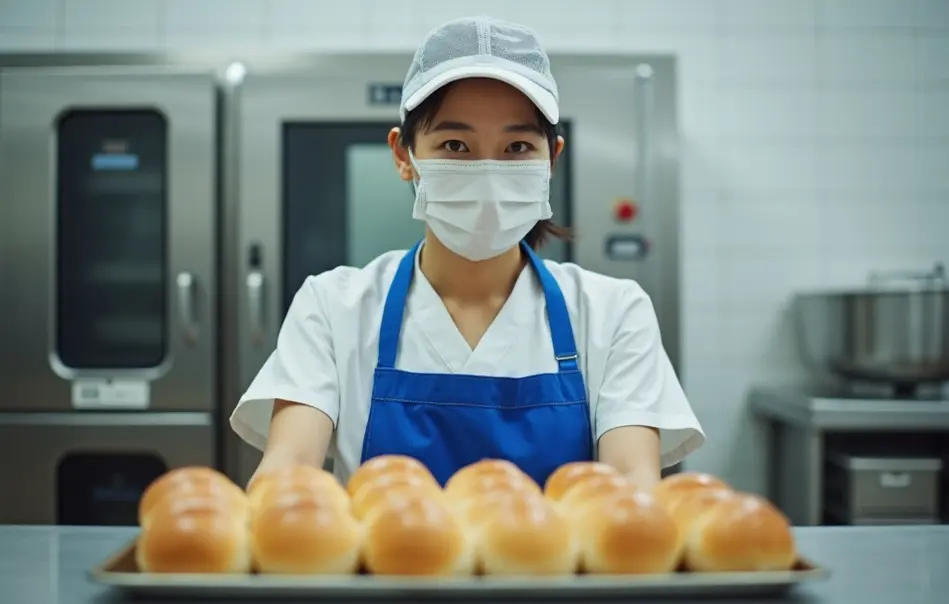 Trabalhadora brasileira nikkei na produção de pães em fábrica de alimentos em Kibi Chuo, Okayama