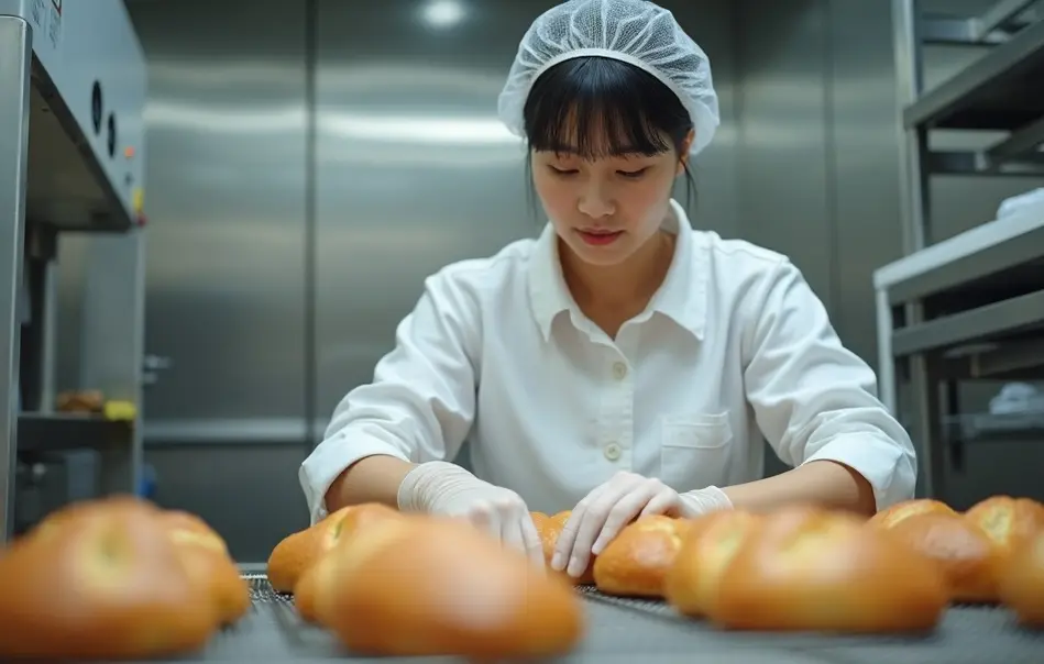 Mulher nikkei trabalhando em produção de pães em fábrica moderna em Ranzan, Saitama