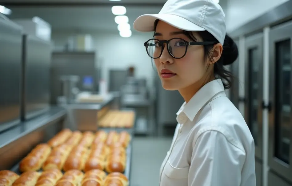 Mulher nikkei trabalhando na fabricação de pães em indústria alimentícia em Ranzan, Saitama