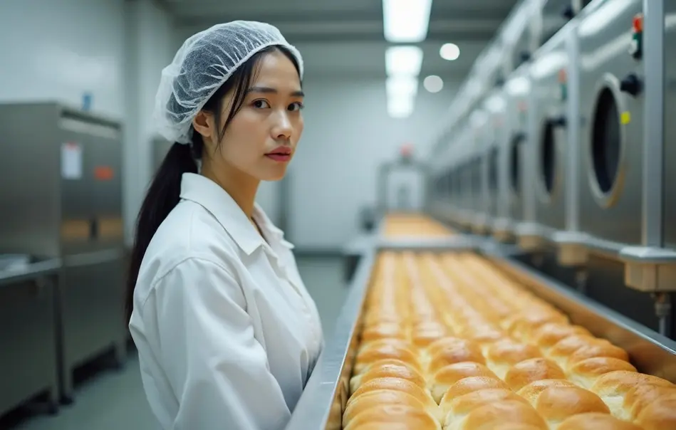Mulher brasileira nikkei trabalhando na linha de produção de pães em fábrica de alimentos em Ranzan, Saitama