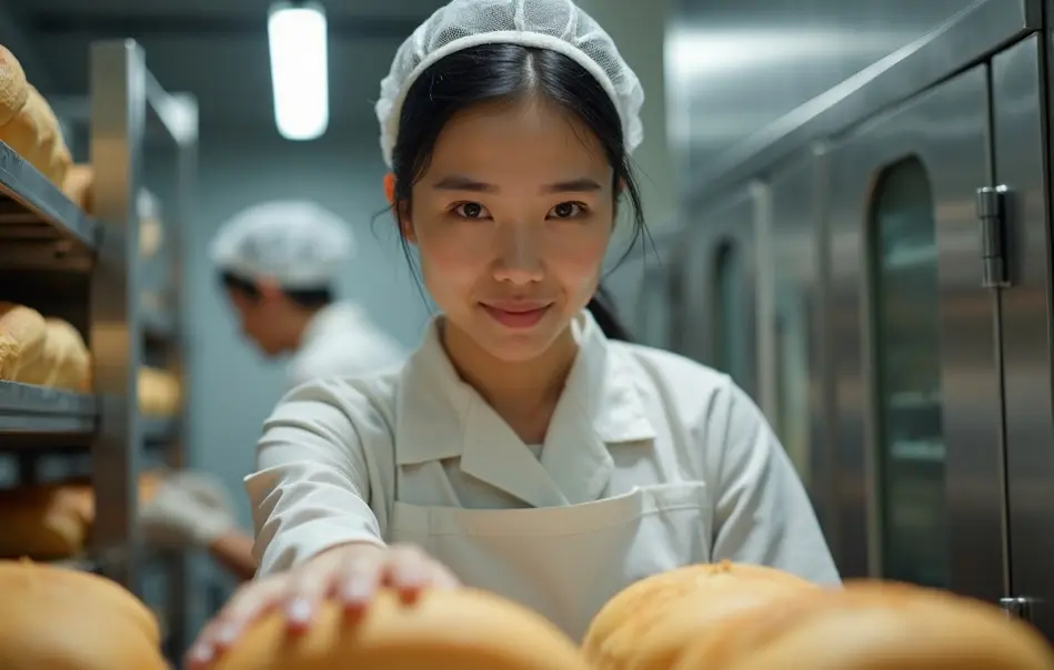 Mulher nikkei trabalhando na produção de pães em padaria industrial em Koshigaya, Saitama