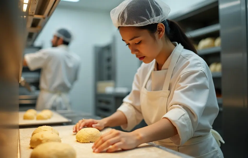 Mulher nikkei trabalhando na fabricação de pães em indústria alimentícia em Akishima, Tokyo