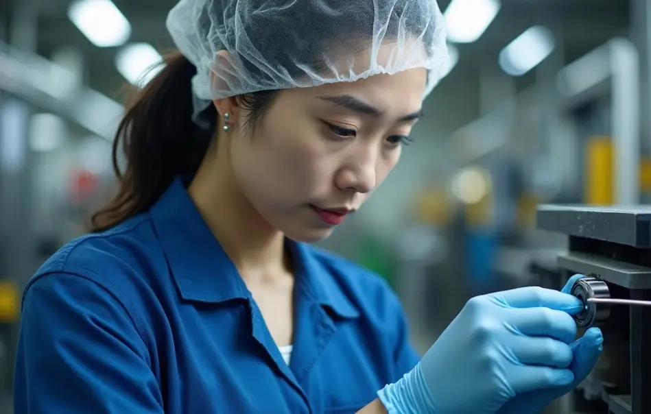 Trabalhadora nikkei inspecionando peça de borracha automotiva em fábrica moderna em Yakage, Okayama