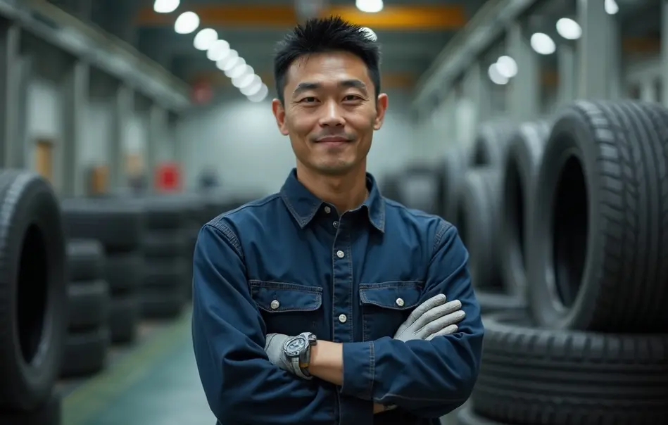 Trabalhador nikkei em linha de produção de pneus automotivos em Ise, província de Mie