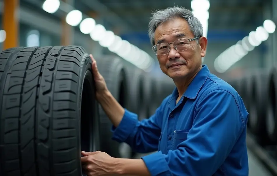 Trabalhador brasileiro em linha de produção de pneus automotivos em Mishima, Shizuoka
