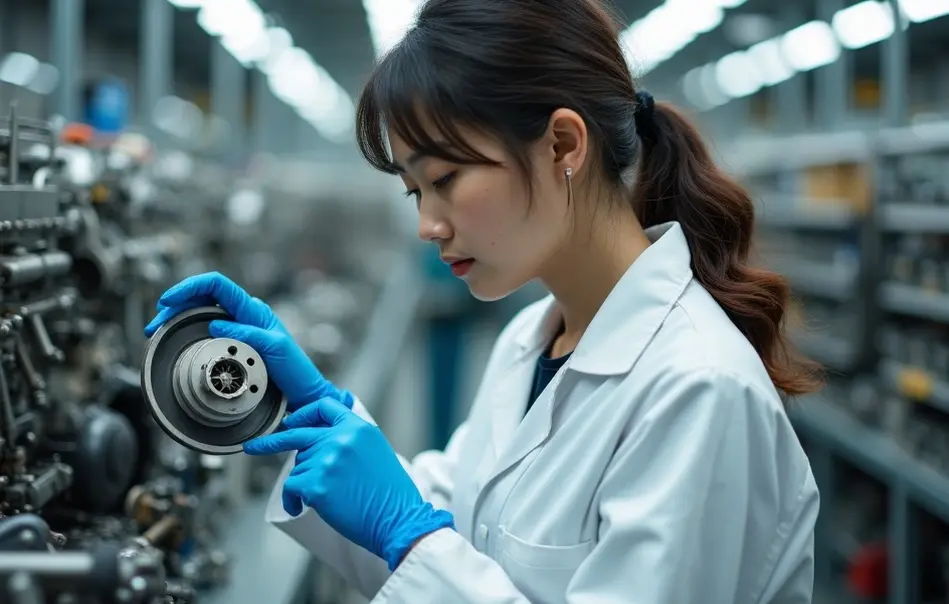 Trabalhadora nikkei inspecionando componente de freio automotivo em fábrica moderna em Komaki, Aichi