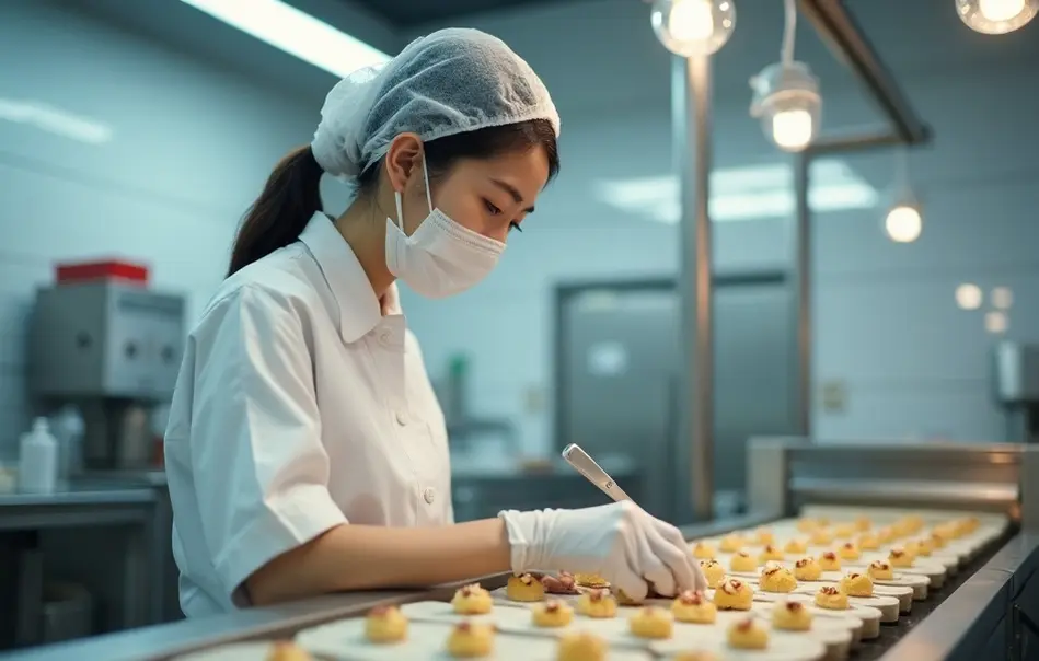 Mulher nikkei brasileira trabalhando na produção de doces industrializados em fábrica moderna em Aisai, Aichi