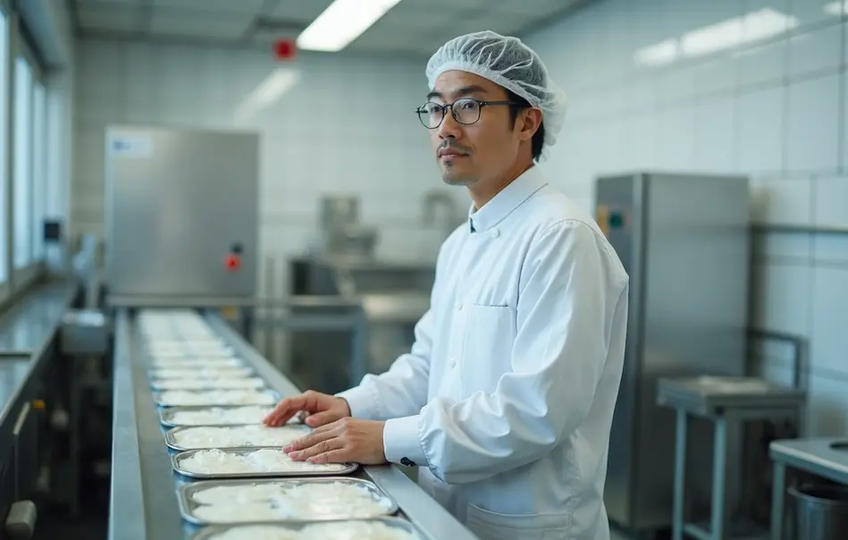 Operador nikkei em linha de produção de sorvetes industriais em fábrica moderna em Ota, Gunma