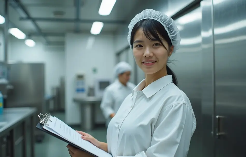 Mulher nikkei em uniforme sanitário trabalhando na produção de sorvetes em fábrica em Kobe, província de Hyogo