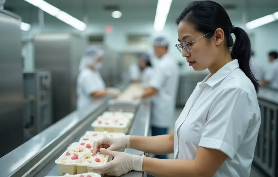 Operadora nikkei em linha de produção de sorvetes industriais em Yokohama, Kanagawa