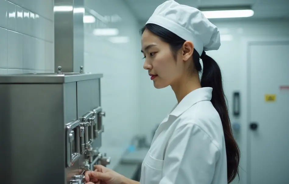 Mulher operando máquina de envase de sorvetes em fábrica moderna em Kofu, Yamanashi