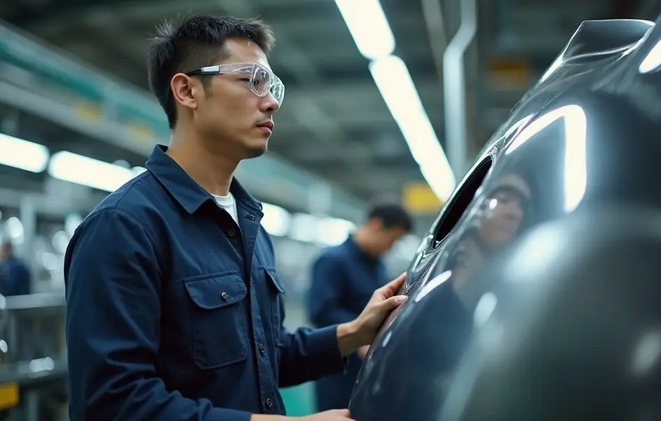 Trabalhador nikkei inspecionando tanque automotivo em fábrica de autopeças em Toyota, Aichi, Japão