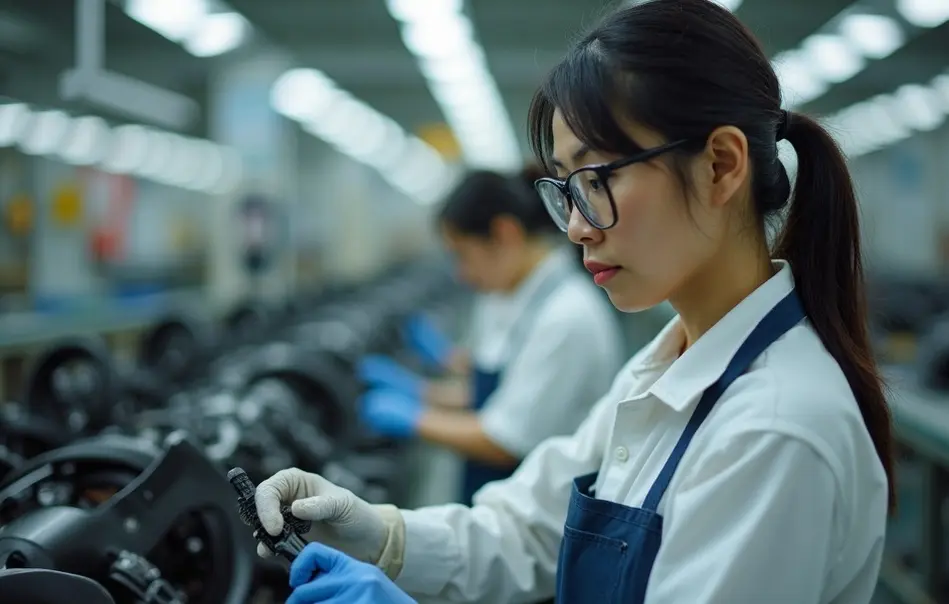 Trabalhadora montando assentos automotivos em fábrica moderna em Miyako, Fukuoka, Japão