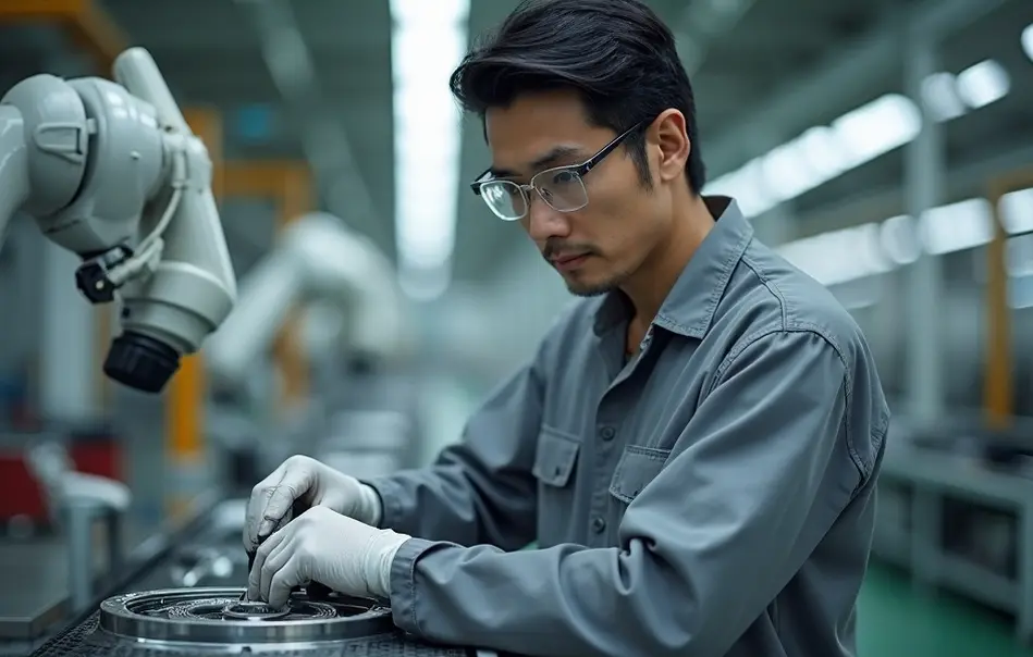 Trabalhador nikkei montando peças automotivas em linha de produção moderna em Ota, Gunma