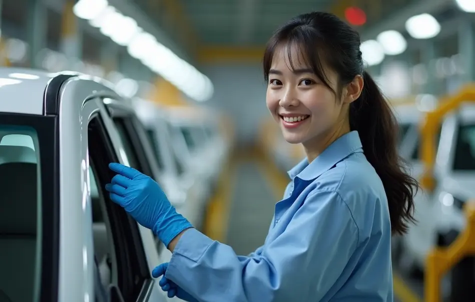 Mulher brasileira descendente de japoneses trabalhando na linha de montagem Suzuki em Iwata, Shizuoka