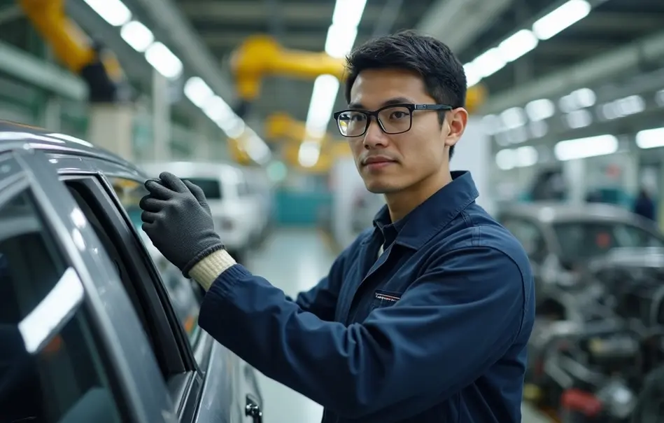 Trabalhador brasileiro nikkei na linha de montagem Suzuki em Kosai, Shizuoka, Japão