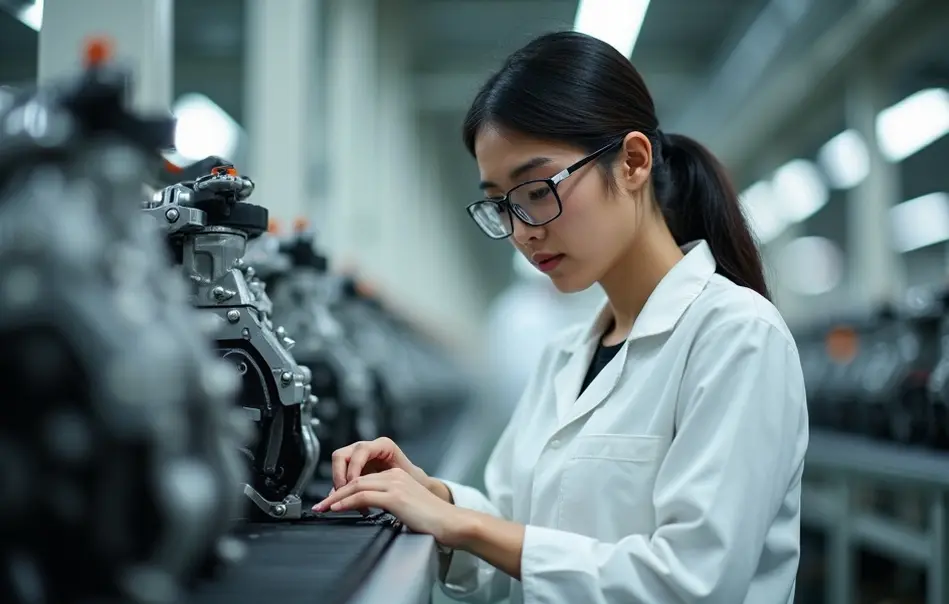 Trabalhadora montando motores automotivos em linha de produção moderna em Toyota, Aichi, Japão