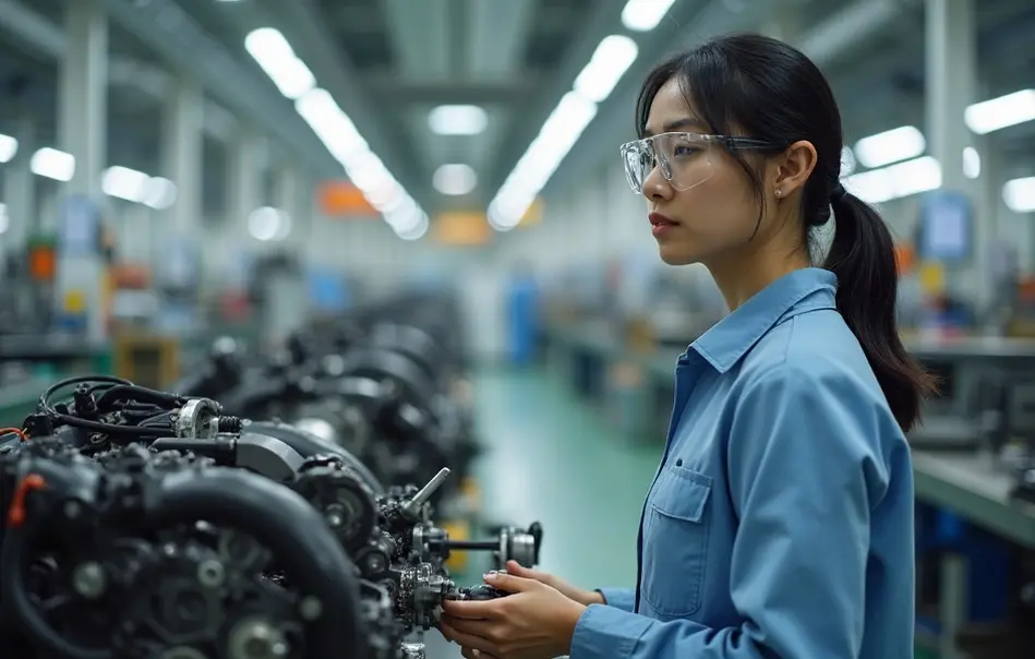 Trabalhadora brasileira em linha de montagem de motores automotivos em Iwata, Shizuoka, Japão