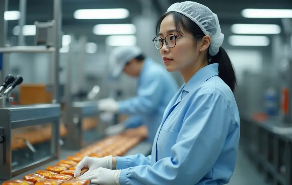Mulher brasileira nikkei trabalhando em linha de produção de alimentos em Kasugai, Aichi, Japão