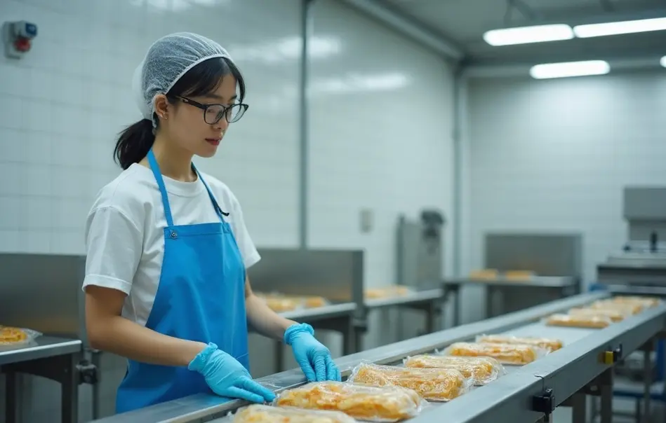 Trabalhadora nikkei em linha de produção de alimentos em fábrica moderna em Ono, província de Hyogo