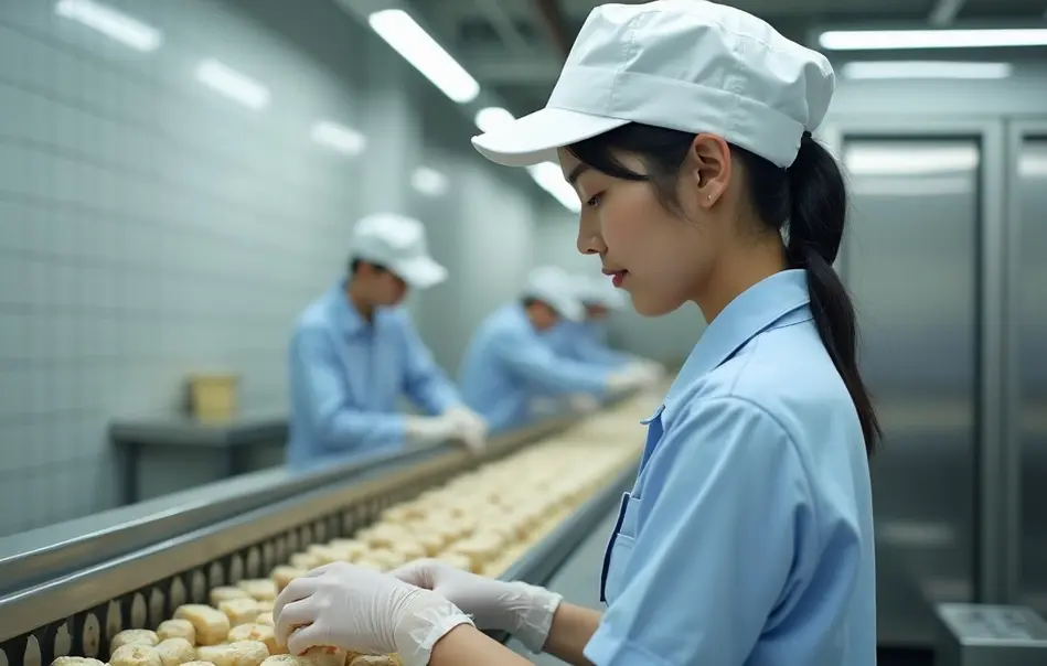 Mulher trabalhando em linha de produção alimentícia em fábrica moderna em Tagajo, Miyagi