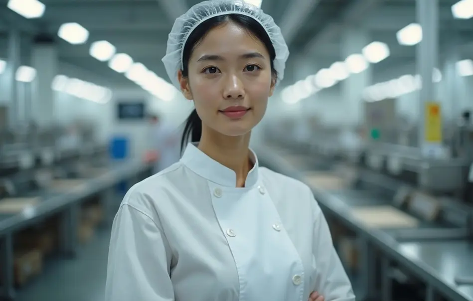 Mulher nikkei em uniforme trabalhando na linha de produção de alimentos em fábrica moderna em Osaka