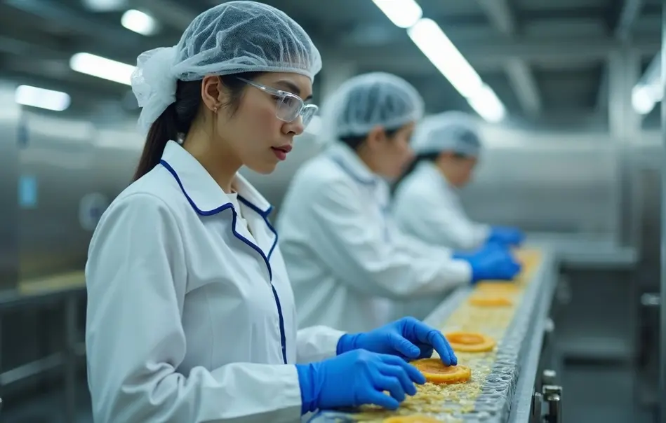Trabalhadora nikkei em linha de produção de alimentos em Miyoshi, Saitama, com uniforme de segurança alimentar