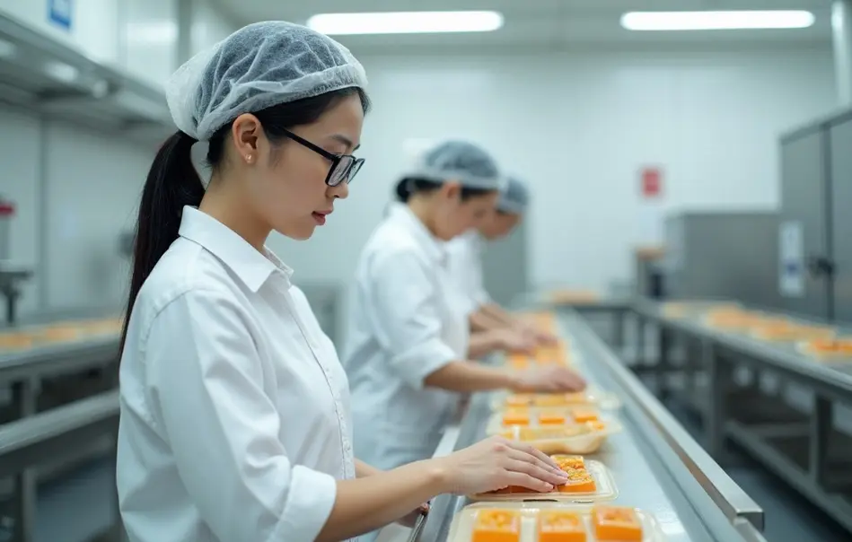 Mulher nikkei em uniforme branco trabalhando em linha de produção alimentícia em Miyoshi, Saitama, Japão