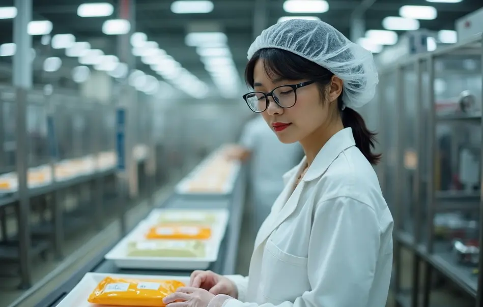 Operadora inspecionando produtos em linha de produção alimentícia em Asaka, Saitama