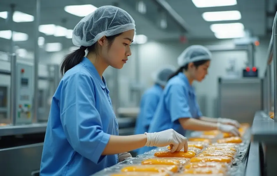 Mulher operando linha de produção em fábrica de alimentos em Hikone, província de Shiga, Japão