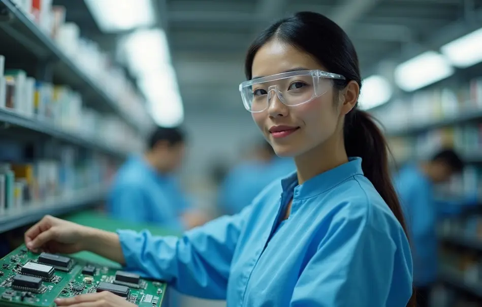 Mulher nikkei inspecionando componentes eletrônicos em linha de produção em Hamamatsu, Shizuoka