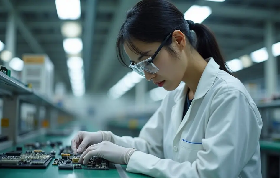 Trabalhadora montando componentes eletrônicos automotivos em fábrica moderna em Okazaki, Aichi