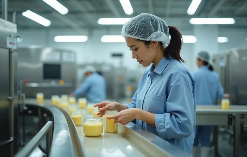 Trabalhadora na linha de produção de maionese em fábrica de alimentos em Gotemba, Shizuoka