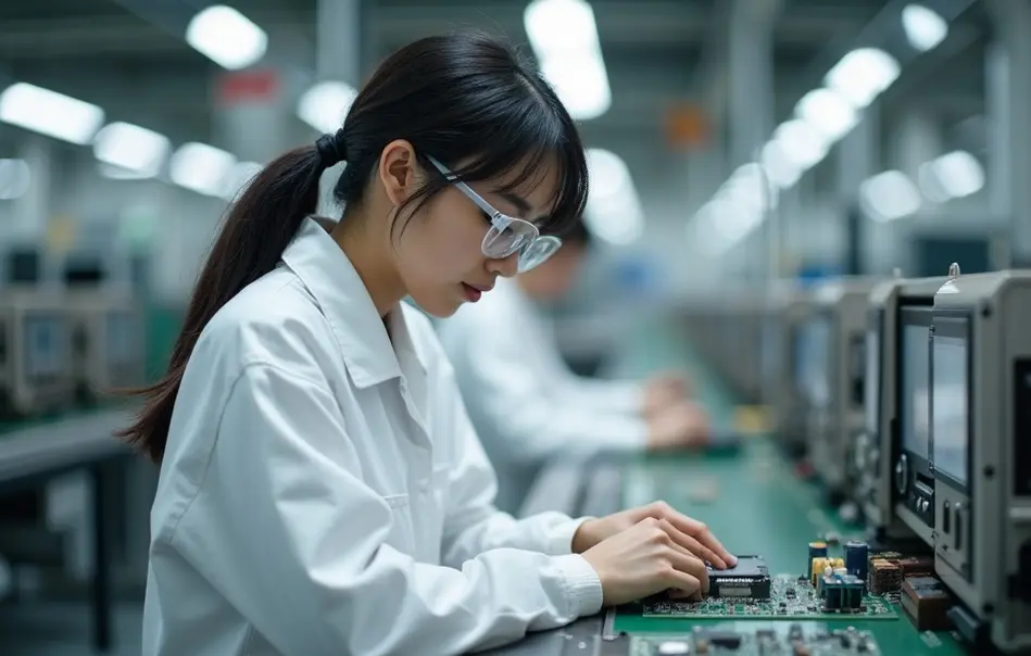 Mulher nikkei brasileira trabalhando em linha de produção industrial em Joso, província de Ibaraki, Japão