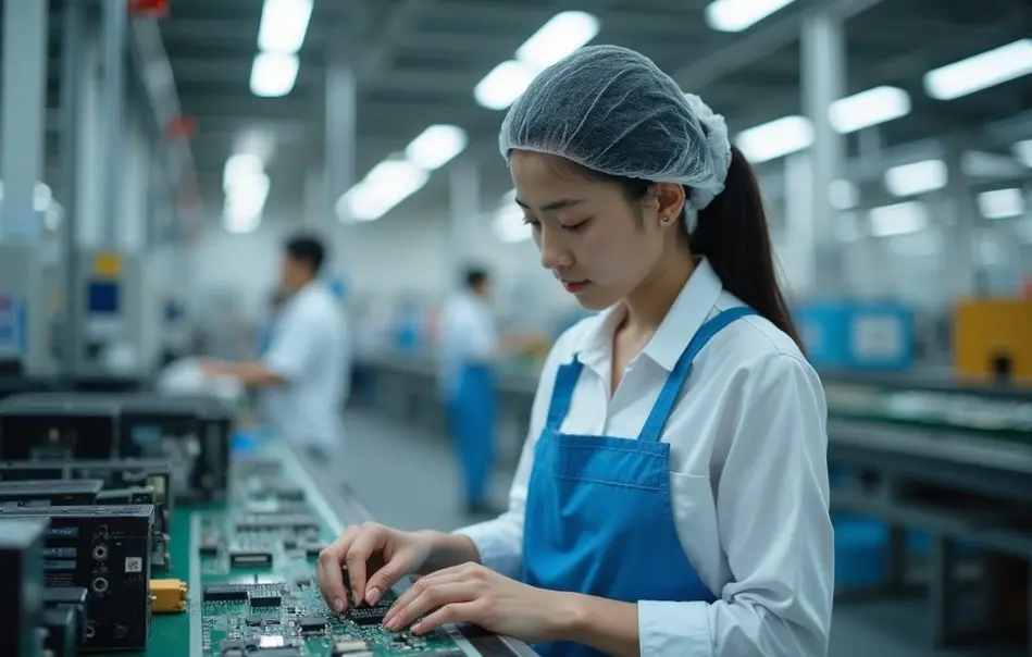 Mulher nikkei operando linha de produção em fábrica moderna de Kamisato, Saitama