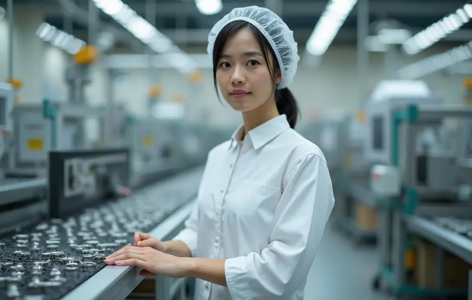 Trabalhadora nikkei em linha de produção industrial em Fukuroi, Shizuoka, Japão