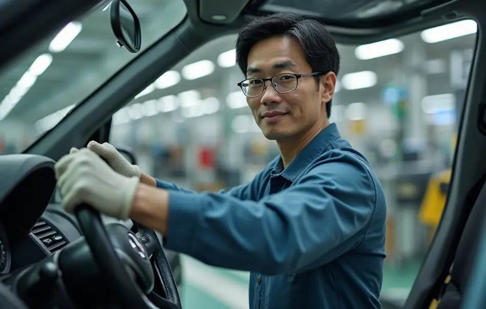 Montador nikkei instalando assento automotivo em linha de produção em Kariya, Aichi