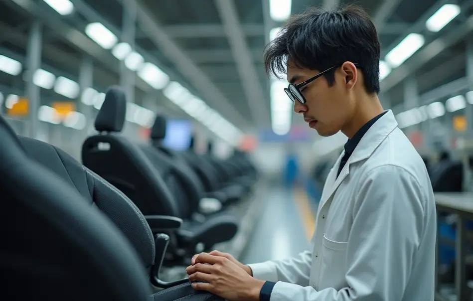 Profissional montando componentes de assentos automotivos em fábrica moderna em Ota, Gunma