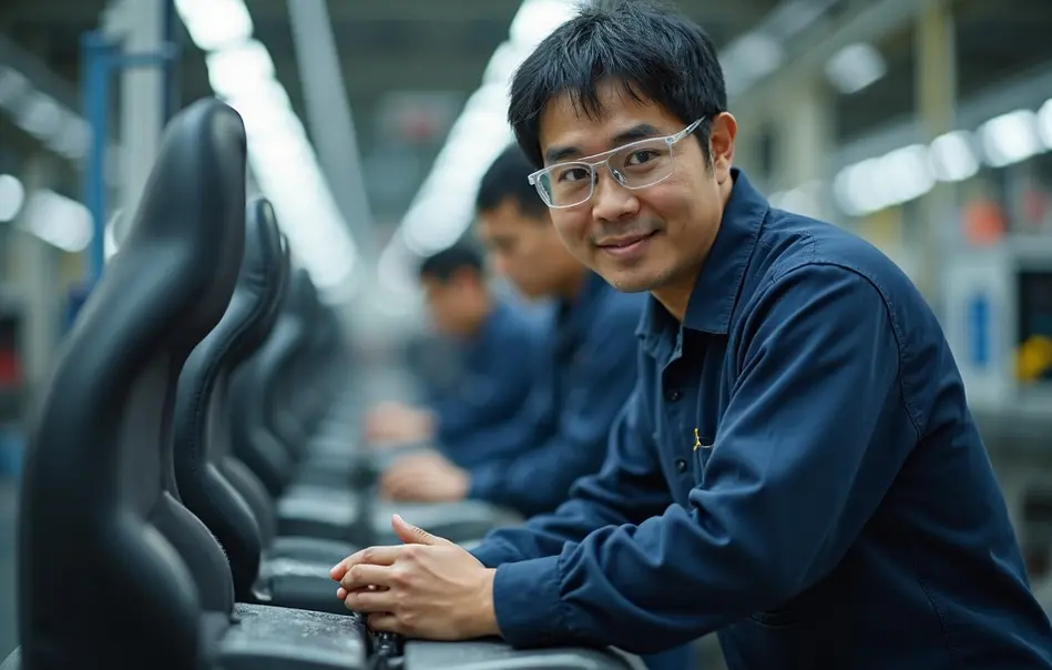 Trabalhador nikkei montando assentos automotivos em fábrica moderna em Inabe, província de Mie