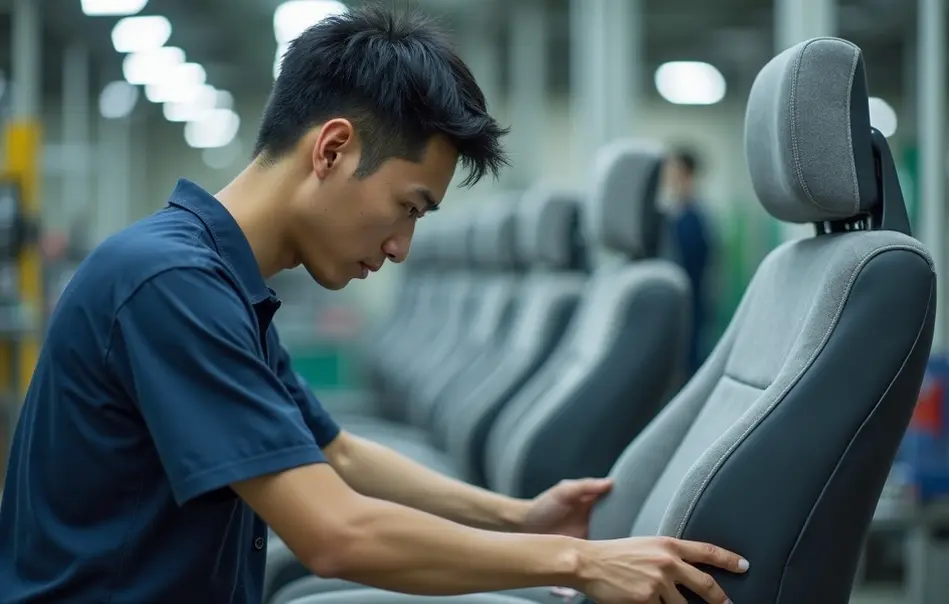 Trabalhador montando assento automotivo em fábrica de autopeças em Omihachiman, província de Shiga, Japão