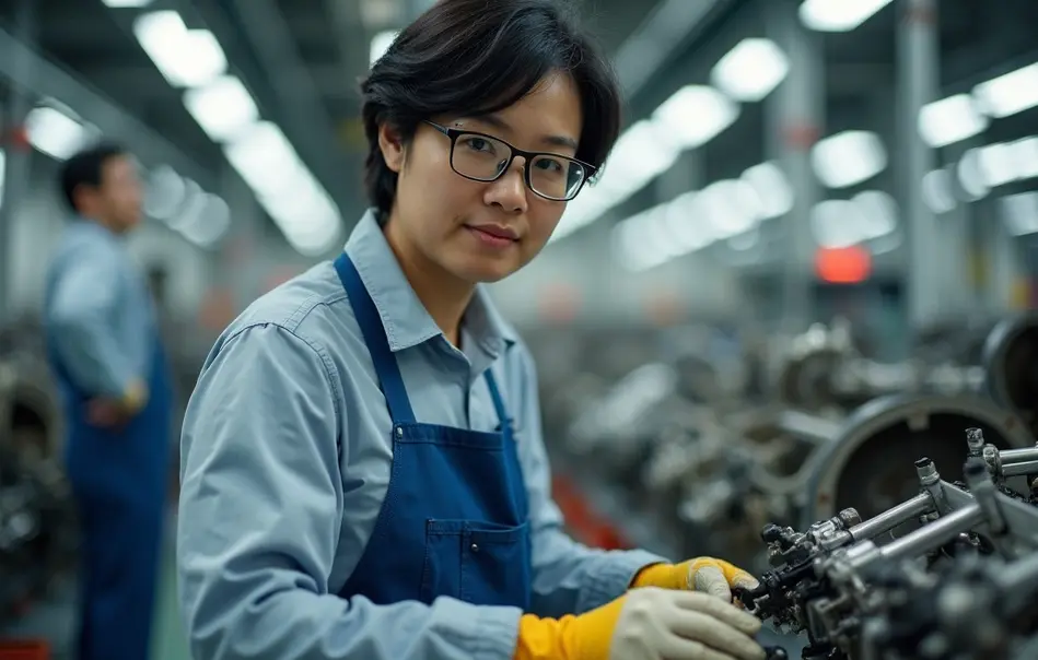 Trabalhador nikkei montando autopeças em fábrica moderna em Koga, Ibaraki