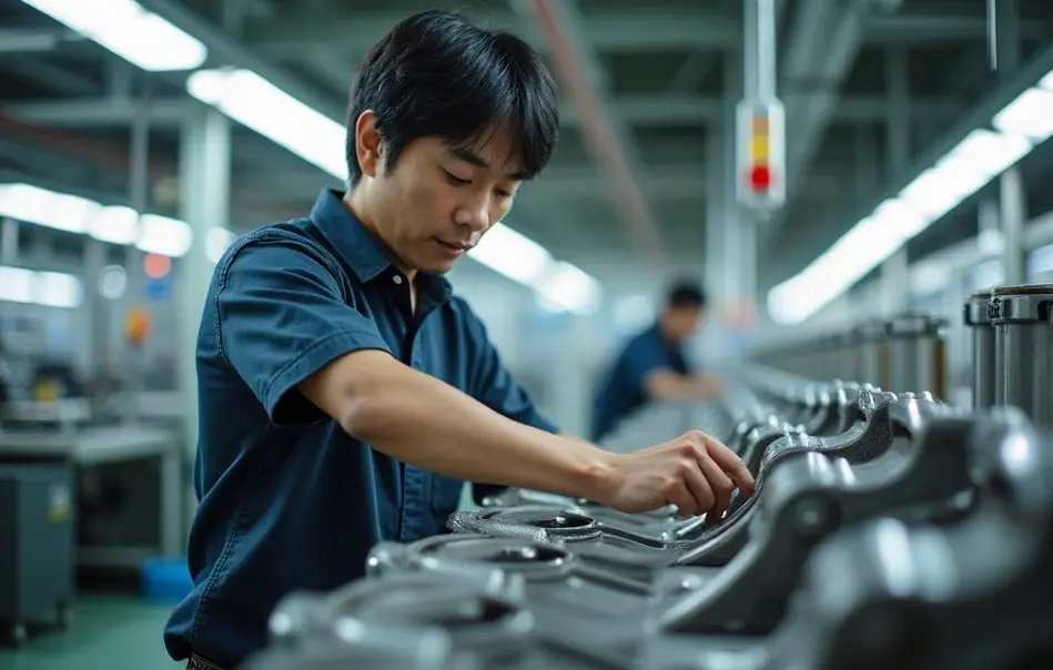 Trabalhador nikkei montando autopeças em fábrica moderna em Fukuroi, Shizuoka, Japão