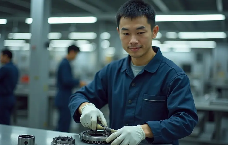 Trabalhador brasileiro montando autopeças em fábrica moderna em Shimoniikawa, Toyama